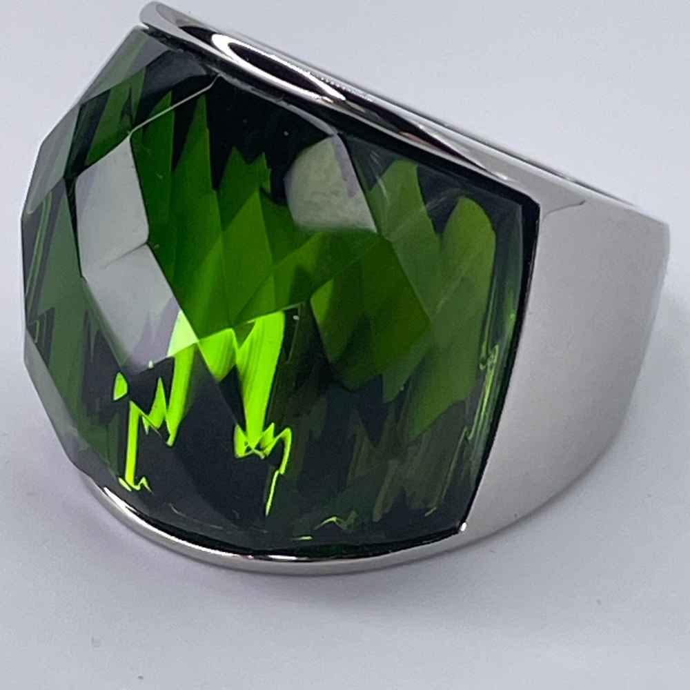 Simona Collini Italy Ring Stainless Steel Green Faceted Crystal Bold Ring
